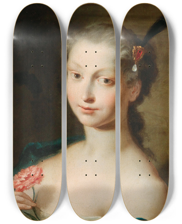 Triptych art skateboard deck of Venetian School A Portrait Of An Elegant Lady With A Carnation by Venetian School