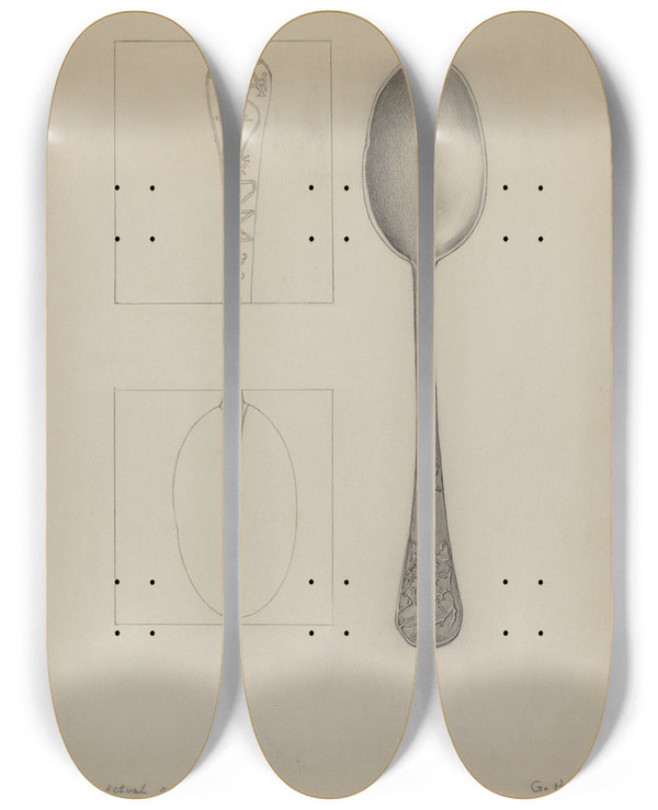 Triptych art skateboard deck of Grace Halpin Pewter Spoon by Grace Halpin