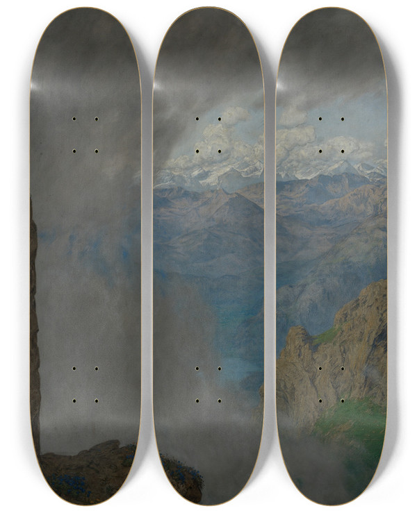 Triptych art skateboard deck of Hans Thoma Blick Vom Pilatus by Hans Thoma (1839-1924)