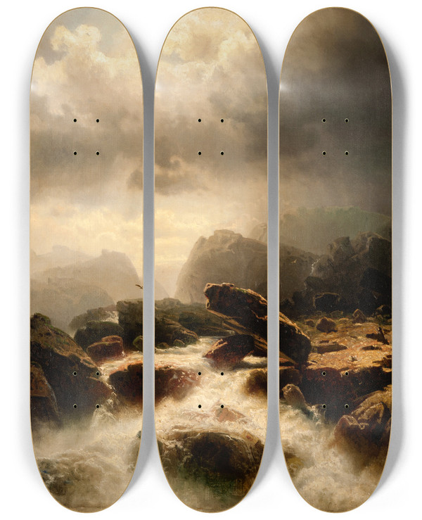 Triptych art skateboard deck of Marcus Larson Waterfall_1 by Marcus Larson (1825-1864)