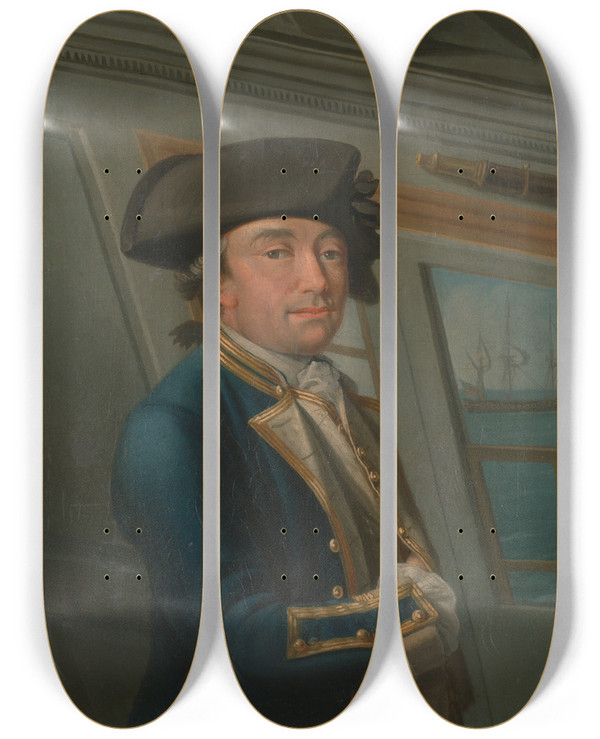 Triptych art skateboard deck of Dominic Serres Captain William Locker by Dominic Serres (1722-1793)