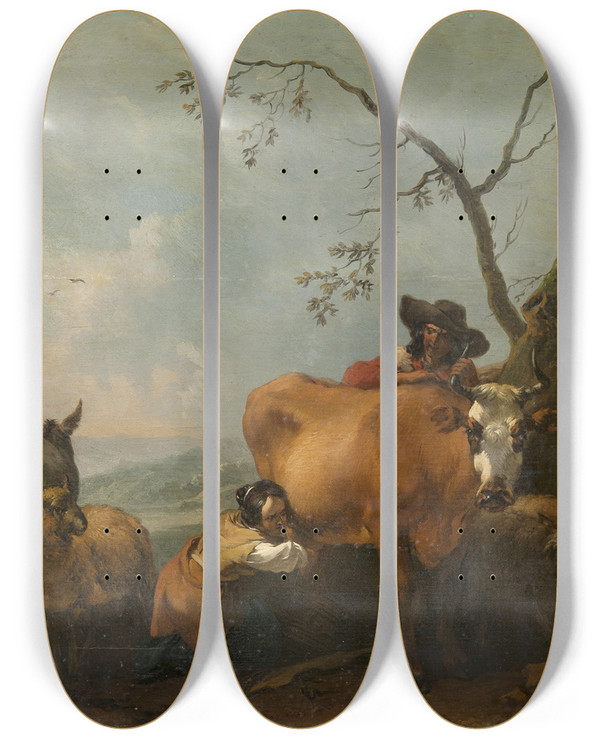 Triptych art skateboard deck of Nicolaes Pietersz Berchem Milkingtime by Nicolaes Pietersz Berchem (1620-1683)