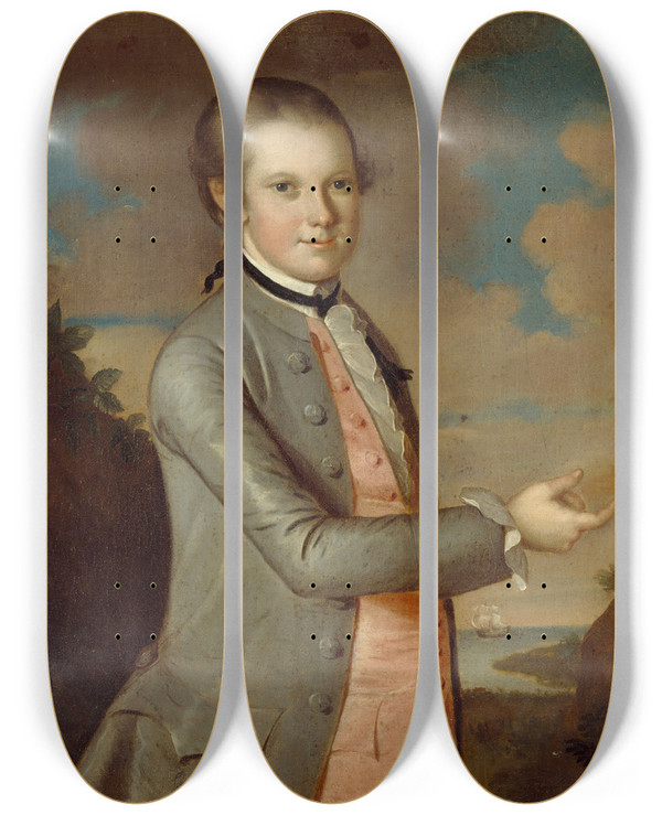 Triptych art skateboard deck of John Hesselius Thomas Chamberlaine by John Hesselius (1728-1778)