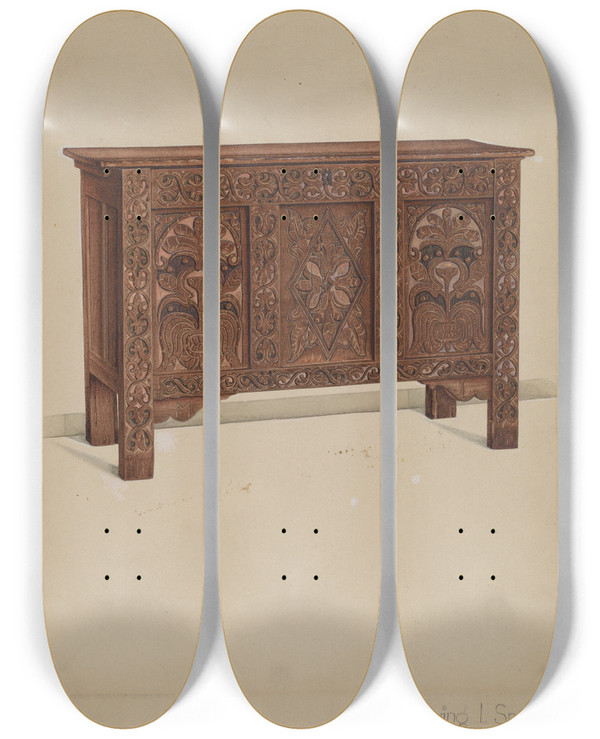 Triptych art skateboard deck of Irving I Smith Chest by Irving I Smith