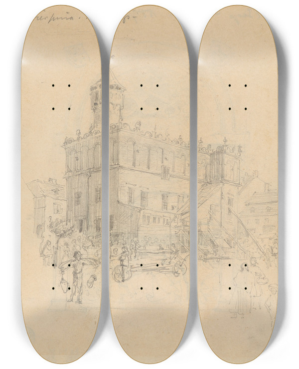 Triptych art skateboard deck of Stanisaw Wyspiaski Town Hall In Tarnw by Stanislaw Wyspianski (1869-1907)