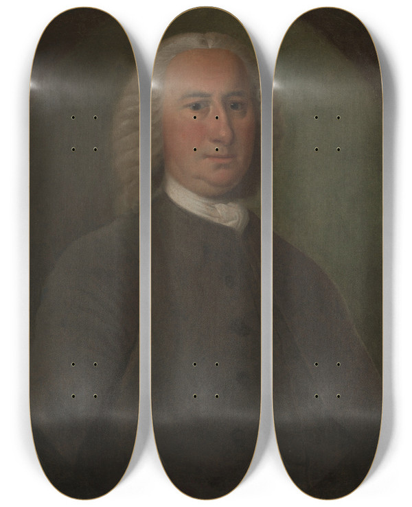 Triptych art skateboard deck of Jeremiah Theus Gabriel Manigault by Jeremiah Theus (1716-1774)