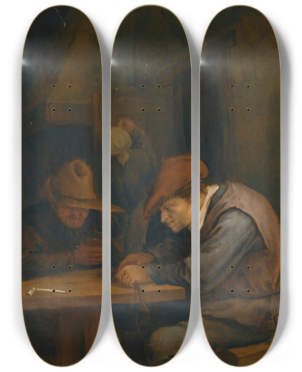 Triptych art skateboard deck of Jan Steen Peasants Drinking And Cutting Tobacco In An Inn by Jan Steen (1626-1679)