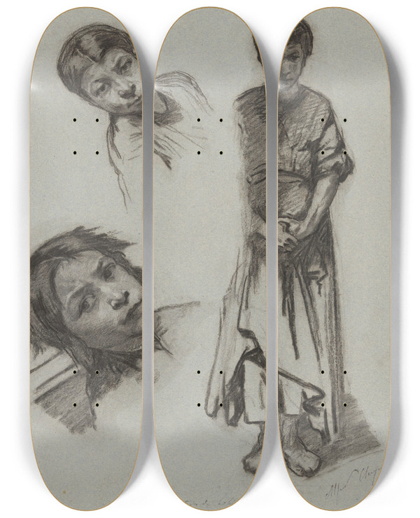 Triptych art skateboard deck of Alfred Cluysenaar Study Of Gipsies by Alfred Cluysenaar (1837-1902)
