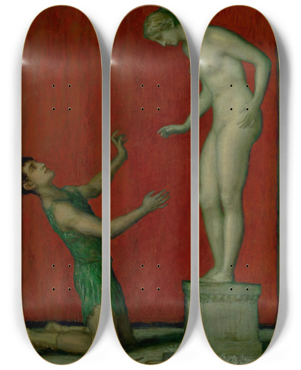 Triptych art skateboard deck of Franz Von Stuck Pygmalion by Franz Von Stuck (1863-1928)