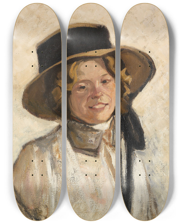 Triptych art skateboard deck of Julius Seyler Mdchen Mit Hut by Julius Seyler (1873-1955)