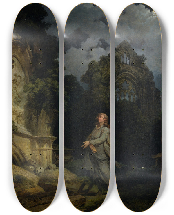 Triptych art skateboard deck of Philip James De Loutherbourg Visitor To A Moonlit Churchyard by Philip James De Loutherbourg (1740-1812)