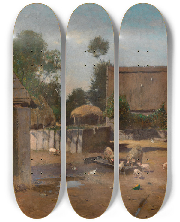 Triptych art skateboard deck of Eugen Jettel Bauernhof In Der Bretagne by Eugen Jettel (1845-1901)