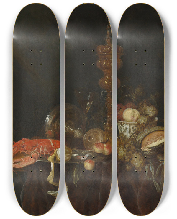 Triptych art skateboard deck of Abraham Van Beyeren Still Life With Lobster And Fruit by Abraham Van Beyeren (1620-1690)