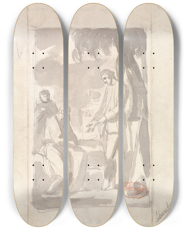 Triptych art skateboard deck of George Romney Major Thomas Pearson And The Brahman_2 by George Romney (1734-1802)