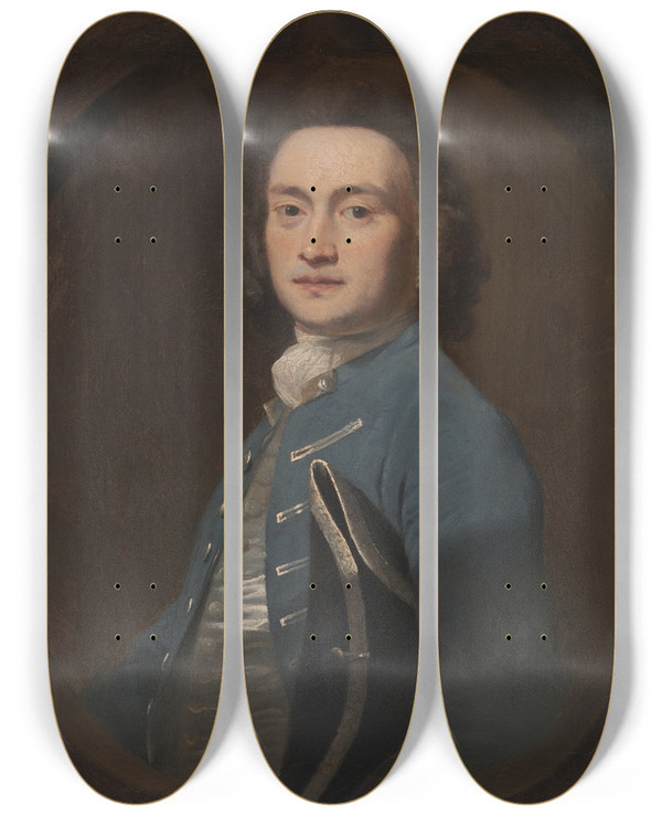 Triptych art skateboard deck of Sir Joshua Reynolds An Unknown Man by Sir Joshua Reynolds (1723-1792)