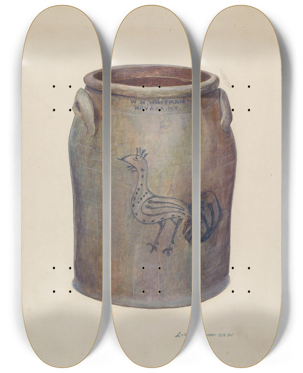 Triptych art skateboard deck of Luella Schroeder Gray Stoneware Crock by Luella Schroeder