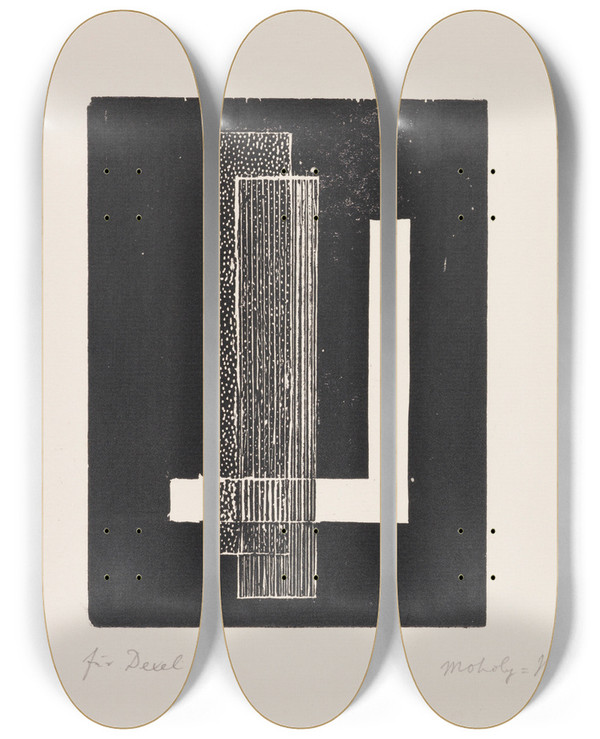 Triptych art skateboard deck of Lszl Moholynagy Ohne Titel by Laszlo Moholy Nagy (1895-1946)