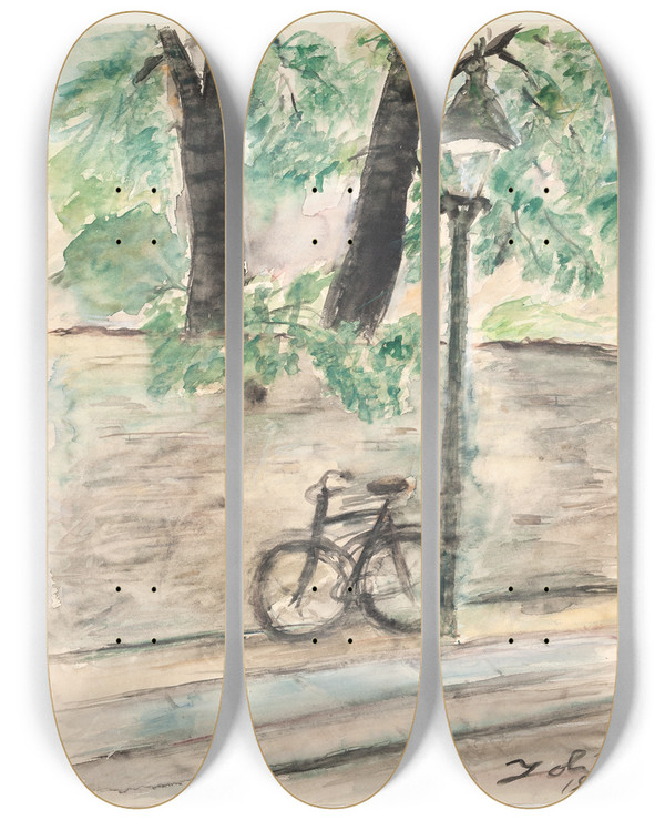 Triptych art skateboard deck of John Christensen Stille Morgen Ved Muren by John Christensen (1896-1940)