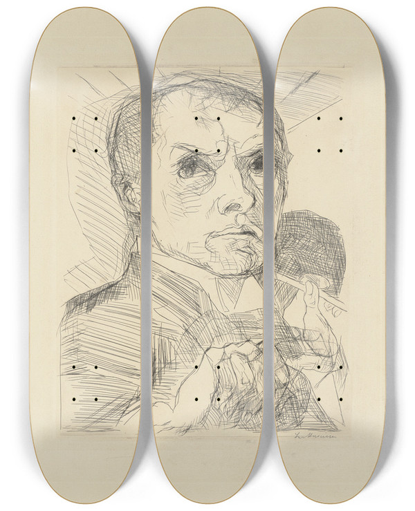 Triptych art skateboard deck of Max Beckmann Selfportrait With Stylus by Max Beckmann (1884-1950)