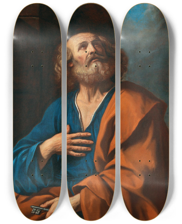 Triptych art skateboard deck of Guercino Saint Peter by Guercino (1591-1666)