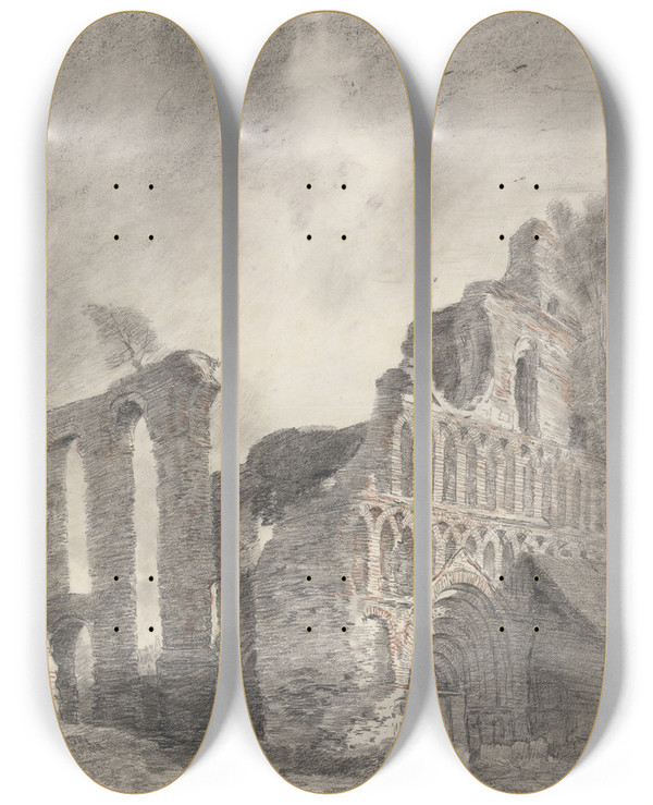 Triptych art skateboard deck of John Constable Ruin Of St Botolphs Priory Colchester by John Constable (1776-1837)