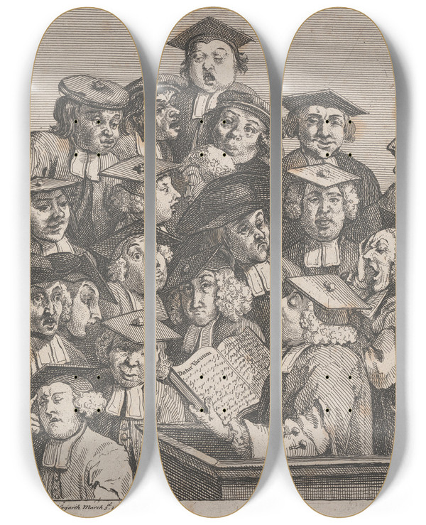 Triptych art skateboard deck of William Hogarth Scholars At A Lecture A Chorus Of Singers by William Hogarth (1697-1764)