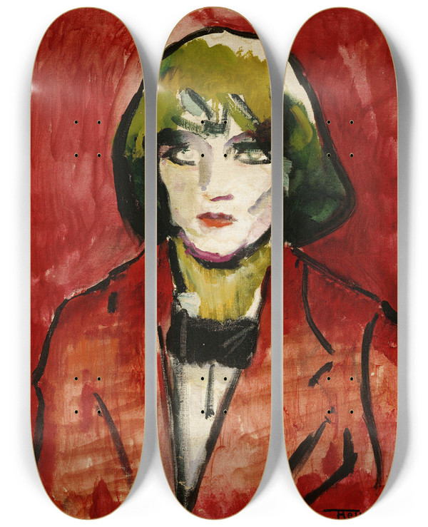 Triptych art skateboard deck of Thorvald Hellesen Portrait Of A Woman by Thorvald Hellesen (1888-1937)