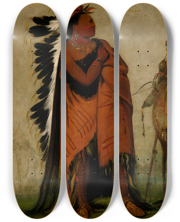 Triptych art skateboard deck of George Catlin Eheeaduckcea He Who Ties His Hair Before by George Catlin (1796-1872)