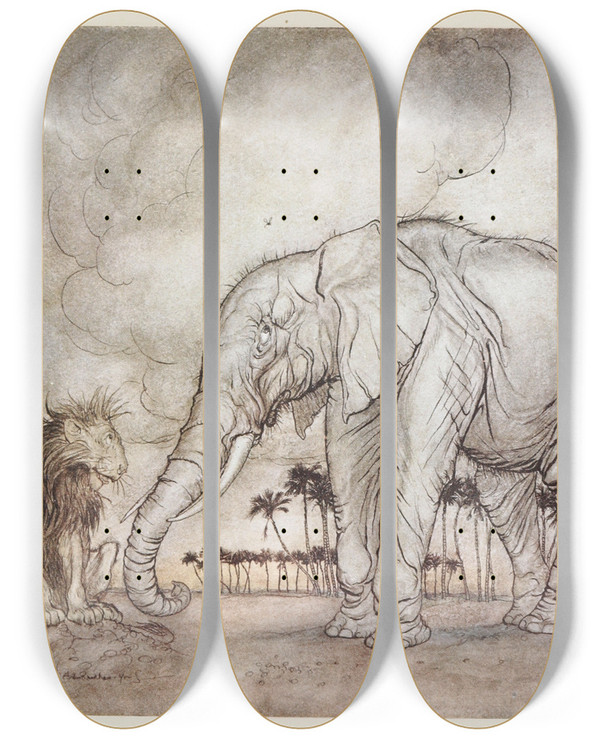 Triptych art skateboard deck of Arthur Rackham The Lion Jupiter And The Elephant by Arthur Rackham (1867-1939)