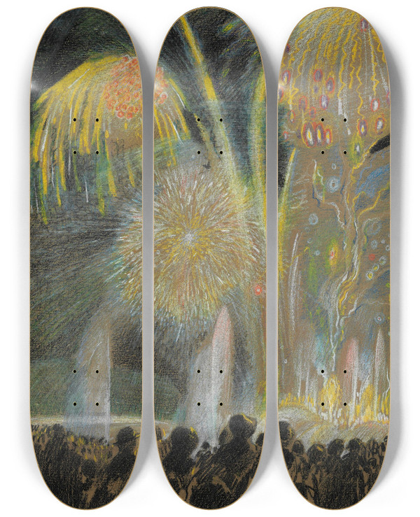 Triptych art skateboard deck of Sergey Chekhonin Fireworks by Sergey Chekhonin (1878-1936)