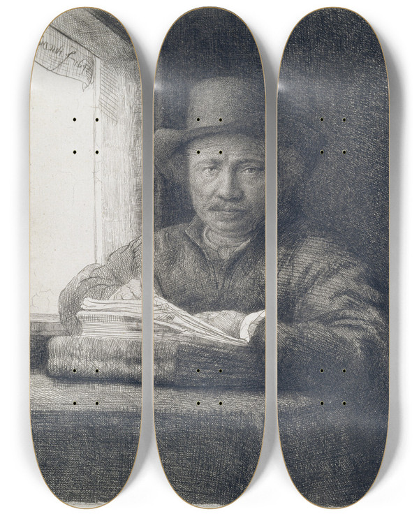 Triptych art skateboard deck of Rembrandt Van Rijn Selfportrait Etching At A Window by Rembrandt Van Rijn (1606-1669)