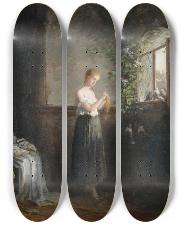 Triptych art skateboard deck of Paul Wichmann Ein Junges Mdchen Flicht Ihre Zpfe by Paul Wichmann (1846-1878)