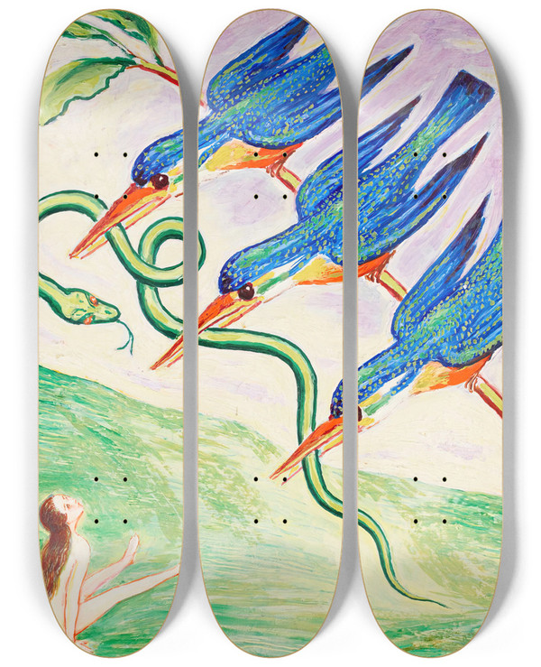 Triptych art skateboard deck of Nils Dardel Den Bortrvade Ormen by Nils Dardel (1888-1943)