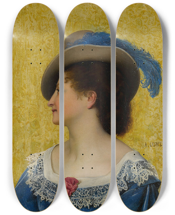 Triptych art skateboard deck of Adolphealexandre Lesrel The Blue Feather by Adolphe Alexandre Lesrel (1839-1929)