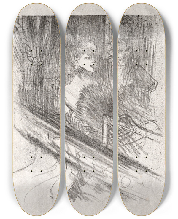 Triptych art skateboard deck of Henri De Toulouselautrec Au Pied Du Sina Le Baron Mose by Henri de Toulouse-Lautrec (1864-1901)