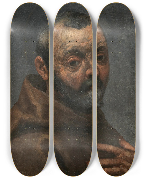 Triptych art skateboard deck of Jacopo Palma Il Vecchio Selfportrait As A Monk by Jacopo Palma Il Vecchio (1480-1528)