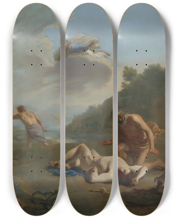 Triptych art skateboard deck of Karel Dujardin Cain And Abel by Karel Dujardin (1622-1678)