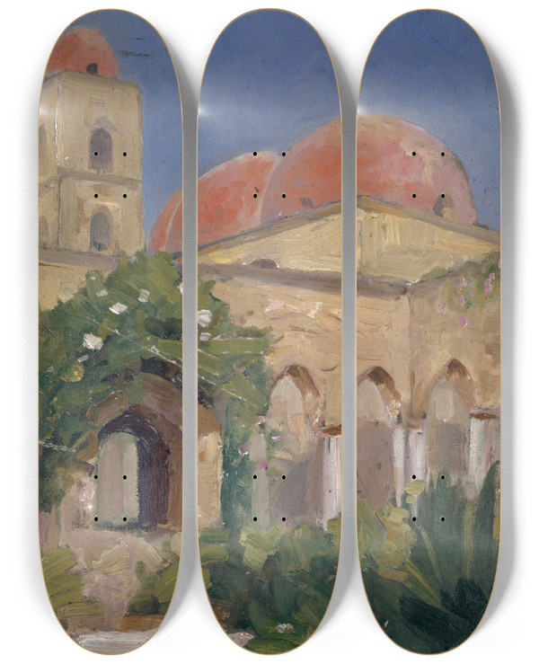 Triptych art skateboard deck of Ernst Schiess Kreuzgang Von San Giovanni Degli Eremiti In Palermo by Ernst Schiess (1872-1919)