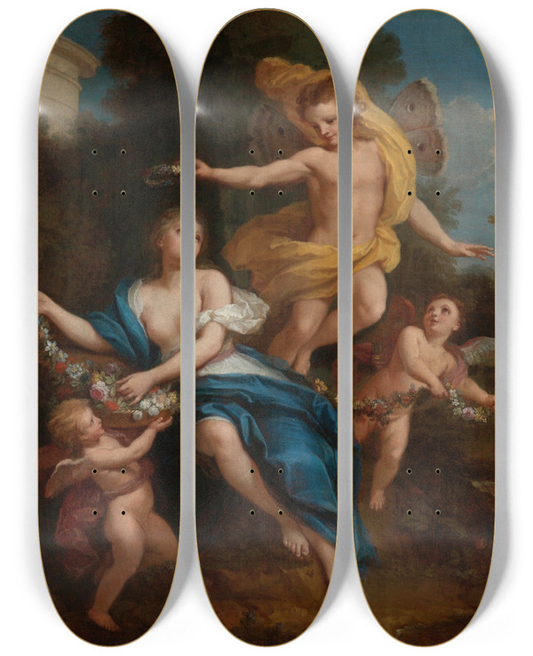 Triptych art skateboard deck of Louis De Boullogne The Younger Zephyr Crowning Flora by Louis de Boullogne the Younger (1654-1733)