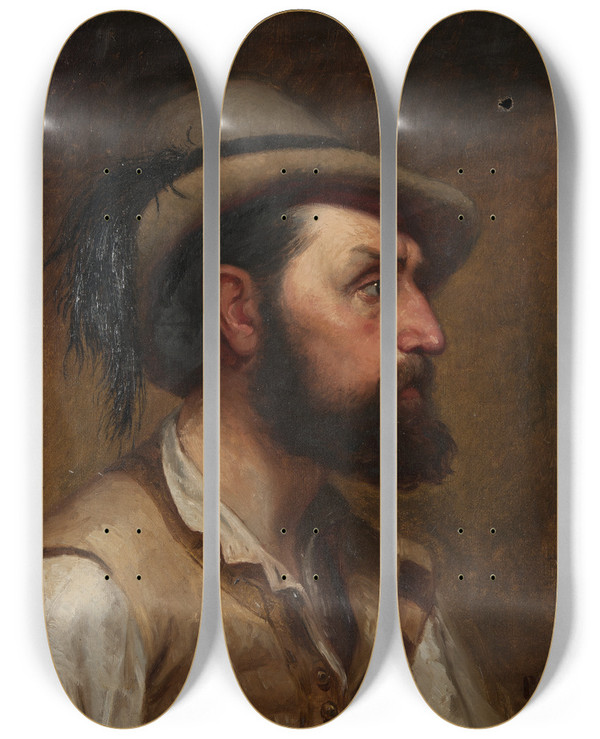 Triptych art skateboard deck of Edvard Persus Selfportrait As A Hunter by Edvard Perseus (1841-1890)