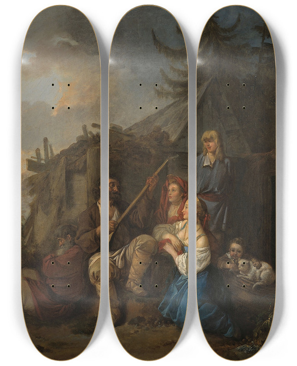 Triptych art skateboard deck of Jeanbaptiste Le Prince Le Joueur De Balalaka by Jean-Baptiste Le Prince (1734-1781)