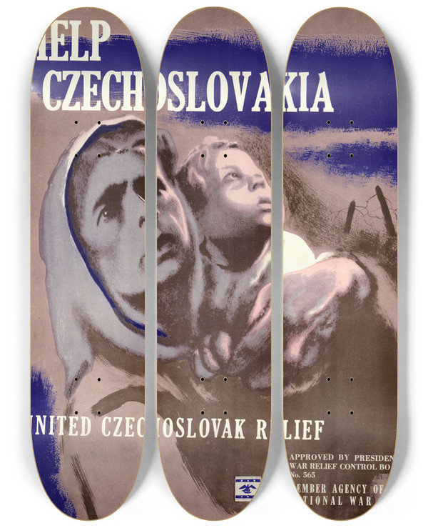 Triptych art skateboard deck of Antonin Pelc Help Czechoslovakia by Antonin Pelc (1895-1967)
