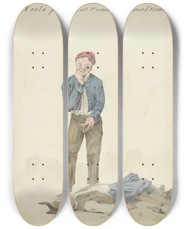 Triptych art skateboard deck of Pieter Van Loon Staande Man Bij Liggende Dronkaard by Pieter Van Loon (1801-1873)