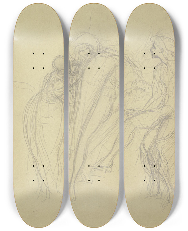 Triptych art skateboard deck of Victor Mller Ein Mann Mit Groem Hut Dem Sich Eine Frau Anschmiegt Rechts Eine Sitzende Figur by Victor Muller (1829-1871)