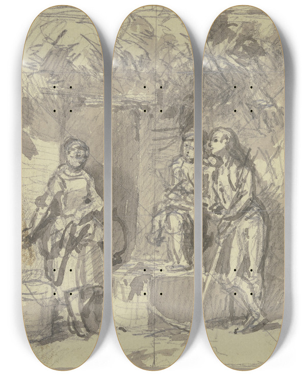Triptych art skateboard deck of Jakob Becker Resting Farmers by Jakob Becker (1810-1872)