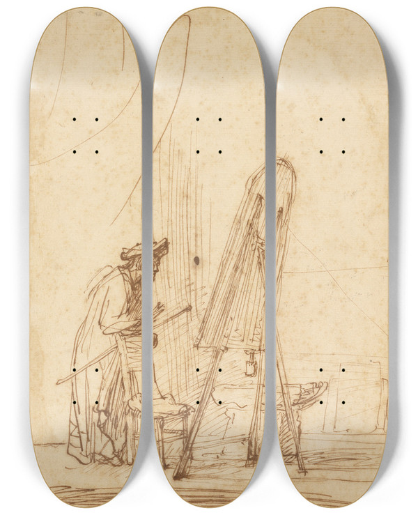 Triptych art skateboard deck of Rembrandt Van Rijn An Artist In His Studio by Rembrandt Van Rijn (1606-1669)