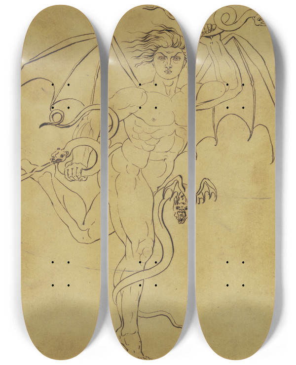Triptych art skateboard deck of Gerhard Von Kgelgen Geflgelter Jngling In Begleitung Einer Fledermaus Schlangen In Den Hnden Haltend Genius Des Bsen by Gerhard Von Kugelgen (1772-1820)