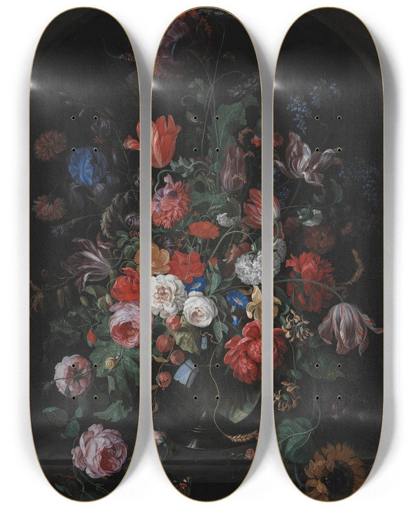Triptych art skateboard deck of Hendrik Schoock Flower Piece by Hendrik Schoock (1630-1707)