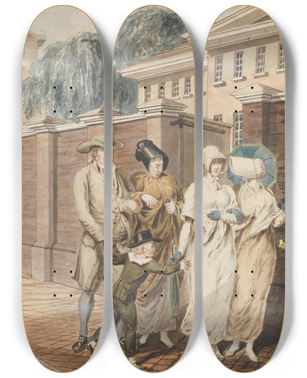Triptych art skateboard deck of John Lewis Krimmel Sunday Morning In Front Of The Arch Street Meeting House Philadelphia by John Lewis Krimmel (1786-1821)