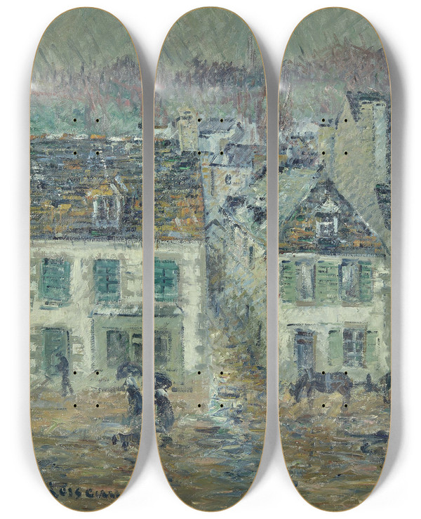 Triptych art skateboard deck of Gustave Loiseau La Pluie Pontaven by Gustave Loiseau (1865-1935)